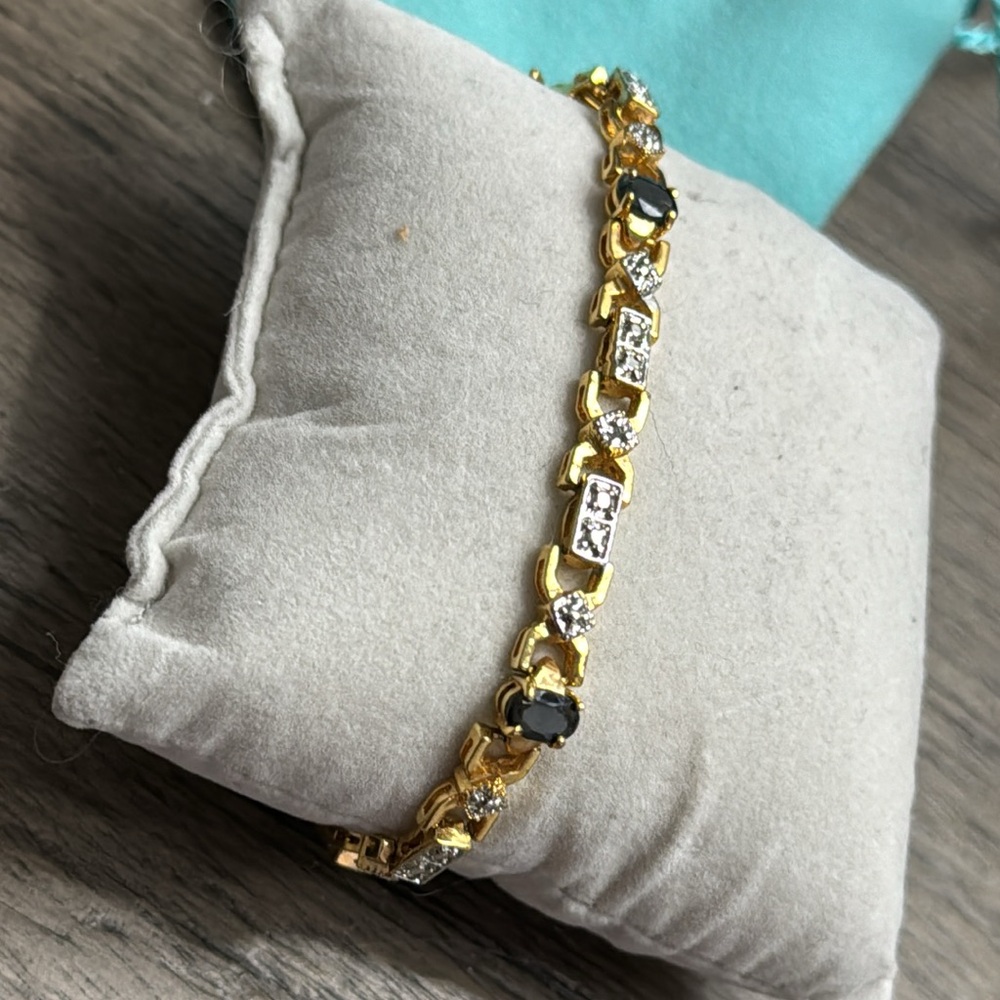 Gold Natural Diamond Sapphire Tennis Bracelet - Picture 4 of 11